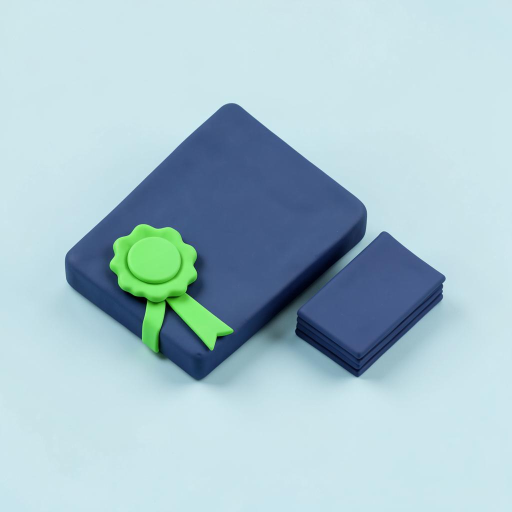 Clay-style illustration of a navy certificate with a green seal beside policy folders